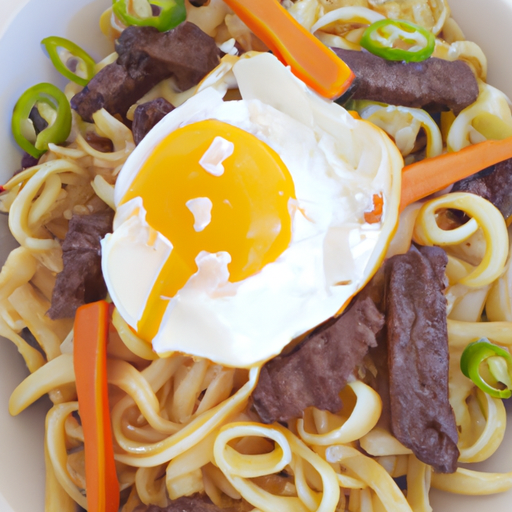 Gebratene Nudeln mit Rindfleisch, Gemüse und Ei