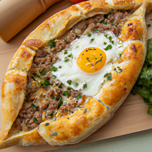 Pide mit Hackfleisch, Käse und Ei