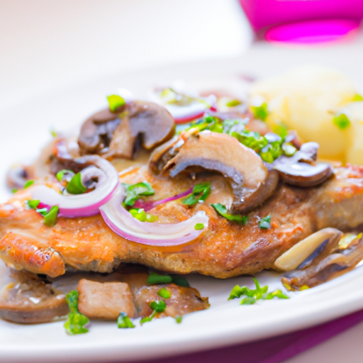 Schnitzel mit gebratenen Zwiebeln und Champignons Rezept