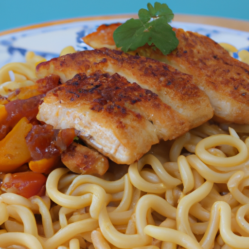 Gebratene Nudeln mit paniertem Hähnchenbrustfilet