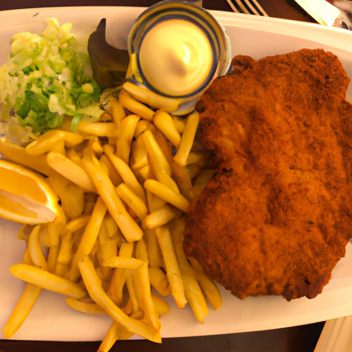 Schnitzel Wiener Art mit Pommes frites und Salat Rezept