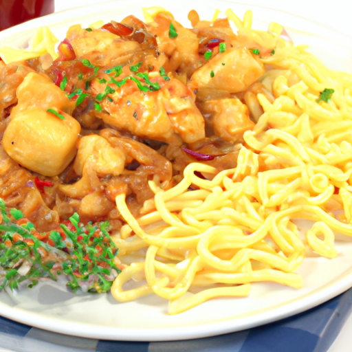Gebratene Nudeln mit knuspriger Hähnchenkeule