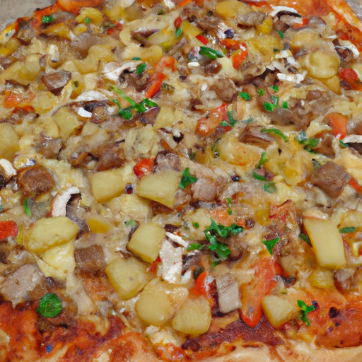 Pizza mit Hackfleisch, Champignons, Zwiebeln, Ananas und grünen ...