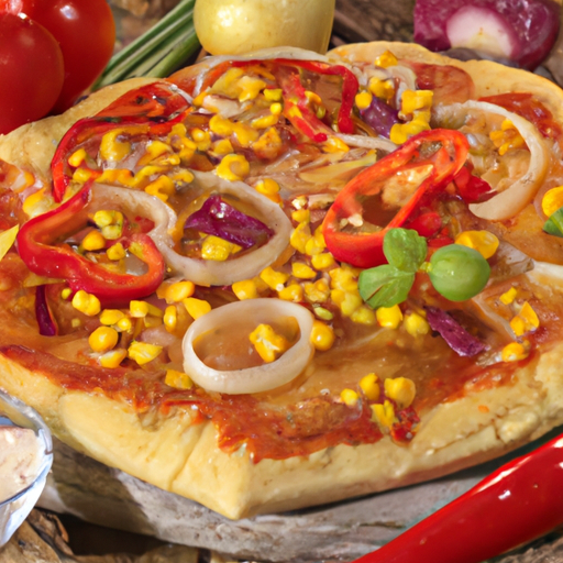 Pizza mit Mais, Knoblauch, Zwiebeln und Peperoni