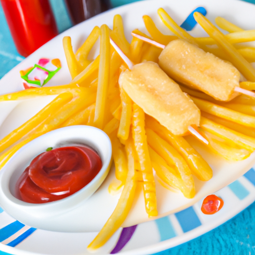 Kindermenü Fischstäbchen mit Pommes frites und Ketchup
