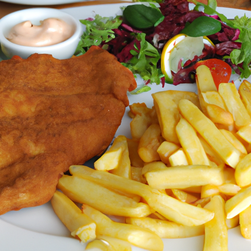 Rahmschnitzel mit Pommes frites und Salat