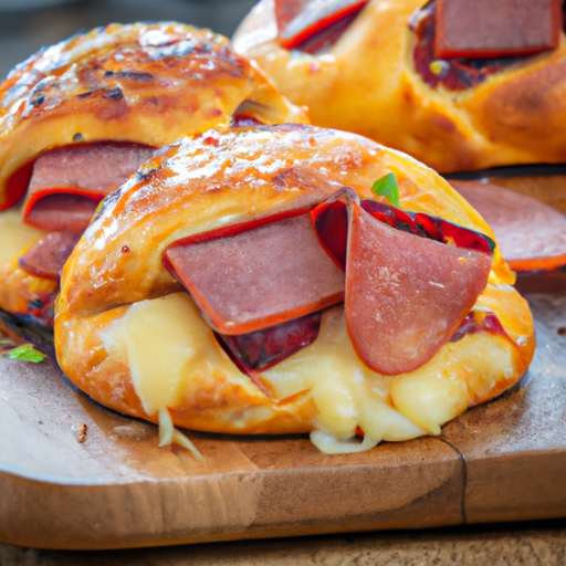 Gefüllte Pizzabrötchen mit Käse und Rindersalami