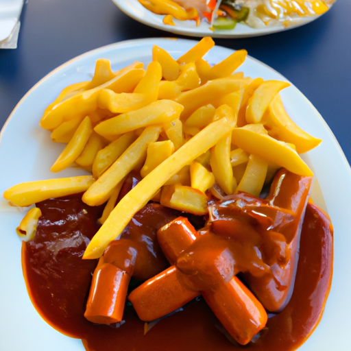 Currywurst mit Salat und Pommes frites