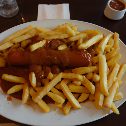 Riesen Currywurst mit Pommes frites und Salat Rezept