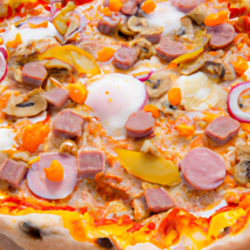 Pizza mit Peperoniwurst, Pilzen, Thunfisch, Zwiebeln und Ei