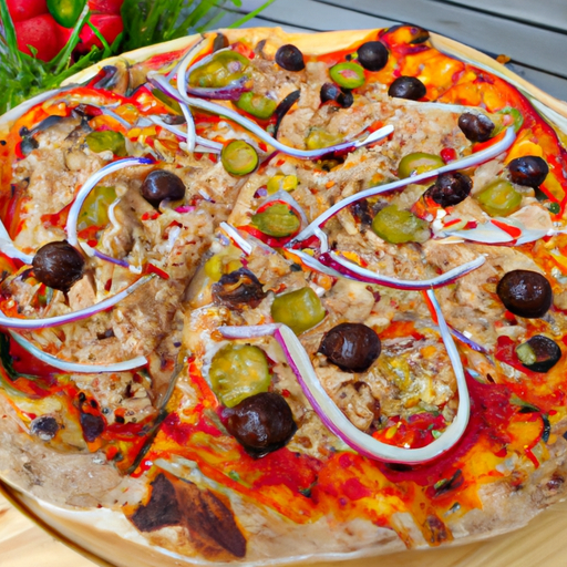 Pizza mit Thunfisch, Zwiebeln, Schafskäse, Oliven und scharfen Peperoni