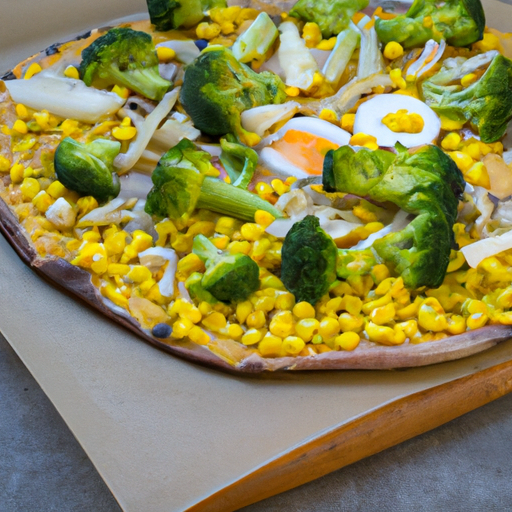 Pizza mit Mais, Broccoli, Zwiebeln und Ei