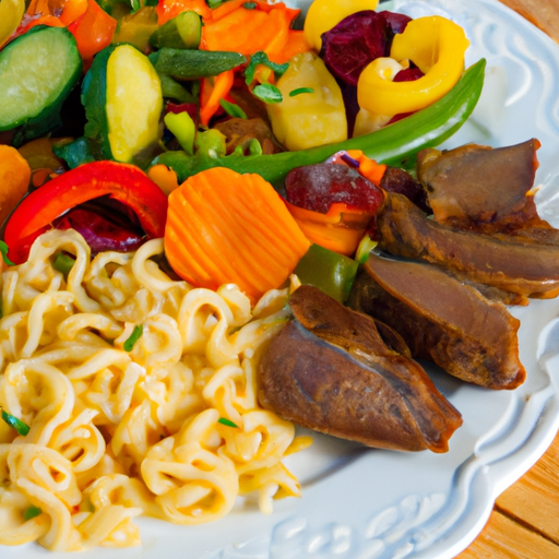 Entenfleisch mit gebratenen Nudeln und Gemüse