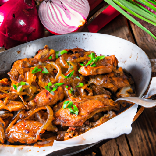 Gebratenes Hühnerfleisch mit Zwiebeln