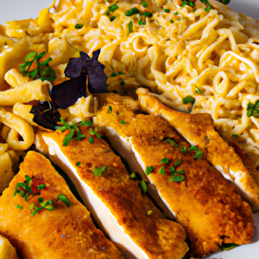 Gebratene Nudeln mit knusprigem Hühnerbrustfilet
