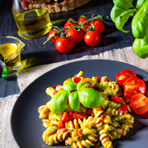 Vollkornpasta mit frischem Gemüse und Basilikum-Pesto