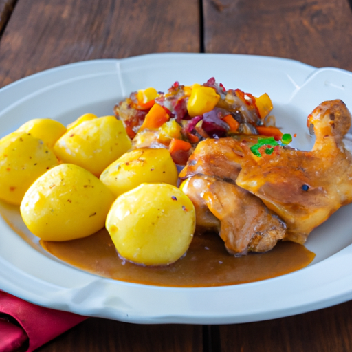 Knusperig geschmorte Hühnerkeulen mit Kartoffelbrei und Karottensalat ...