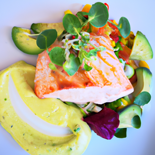 Gegrillter Lachs mit Avocado-Creme und geröstetem Gemüse