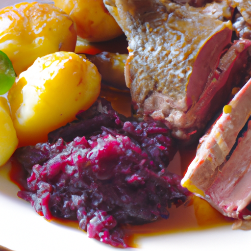 Krustenbraten mit Kartoffelklößen und Rotkohl Rezept