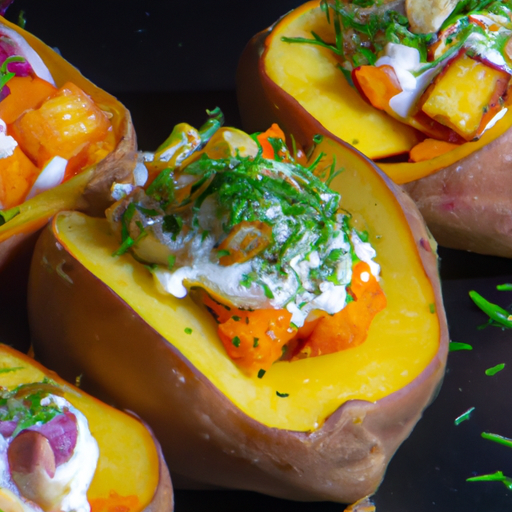 Gebackene Süßkartoffel mit Gemüsefüllung und Kräuterquark Rezept