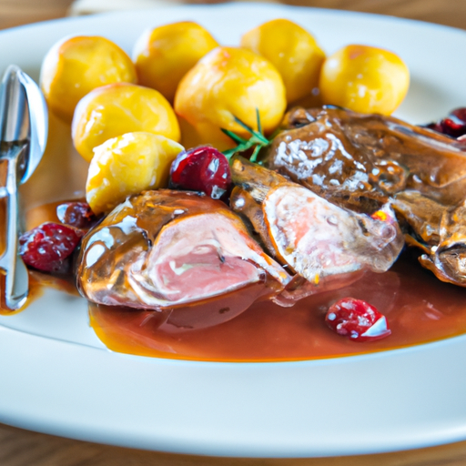 Knuspriger Entenbraten mit süßen Kirschsoße und Rosmarinkartoffeln