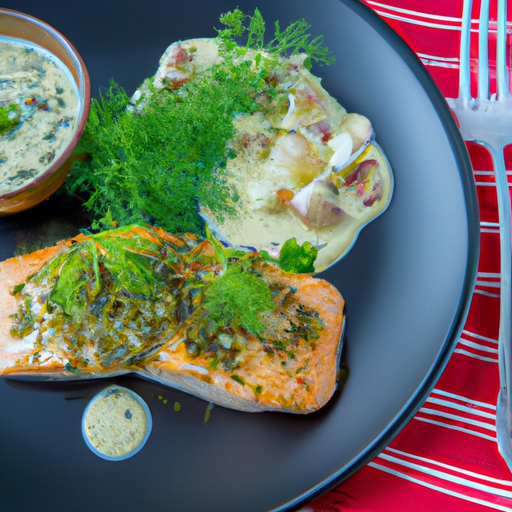 Gebratener Lachs mit frischem Dill und Zitronen-Knoblauch Sauce