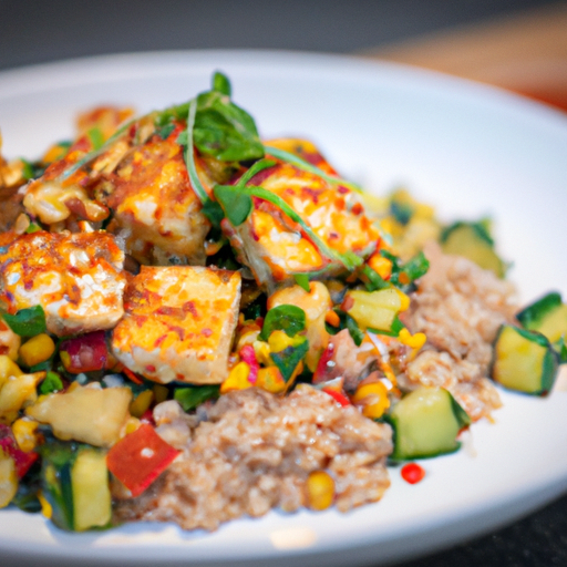 Gebratener Sesam-Tofu mit rotem Quinoa und Sommergemüse
