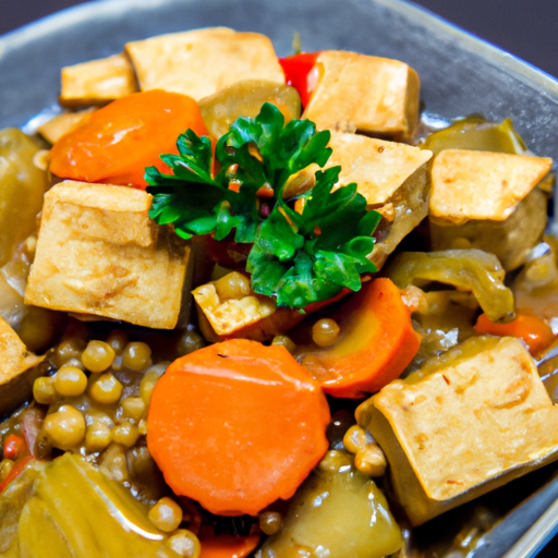 Herzhafter Linseneintopf mit frischem Gemüse und geräuchertem Tofu