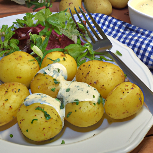 Knusprige Ofenkartoffeln mit Kräuterquark und Salat