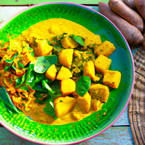 Süßkartoffel-Kokos-Curry mit Kichererbsen und Spinat