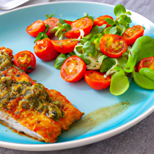 Gebratene Lachsfilets mit selbstgemachtem Pesto und frischem Salat