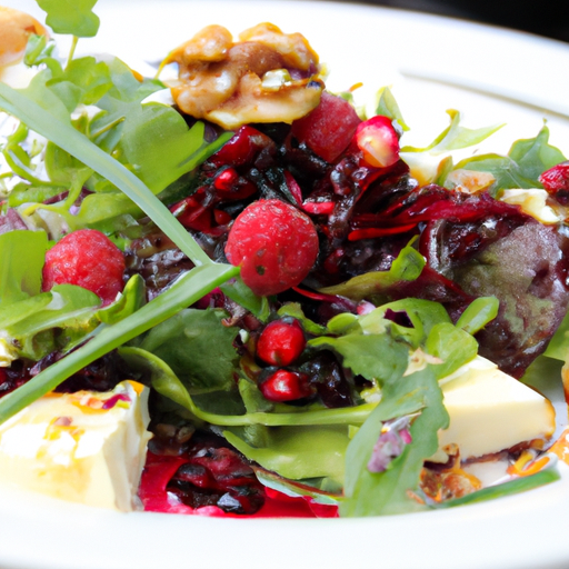 Wildkräutersalat mit gebratenem Ziegenkäse und Himbeerdressing
