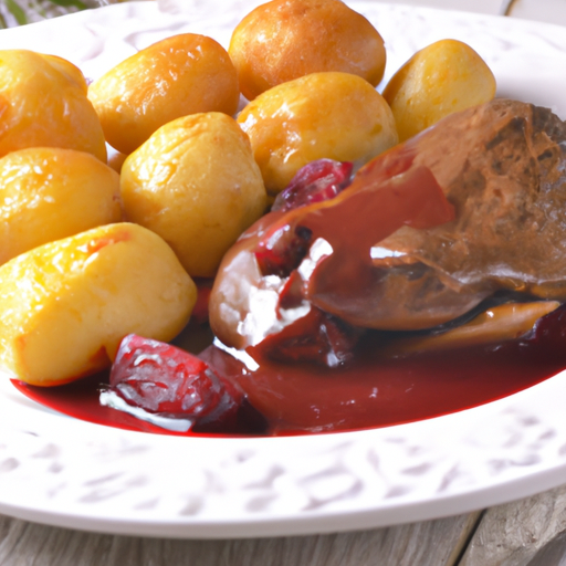 Kross gebratene Entenbrust mit Rotweinsauce und Rosmarin-Kartoffeln