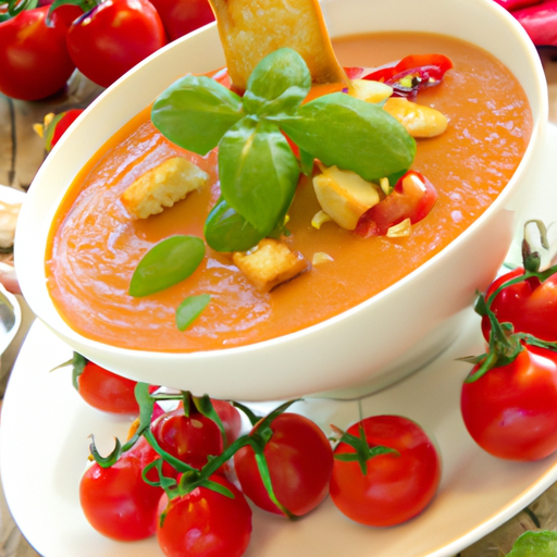 Fruchtige Tomaten-Gazpacho mit Basilikum-Croutons