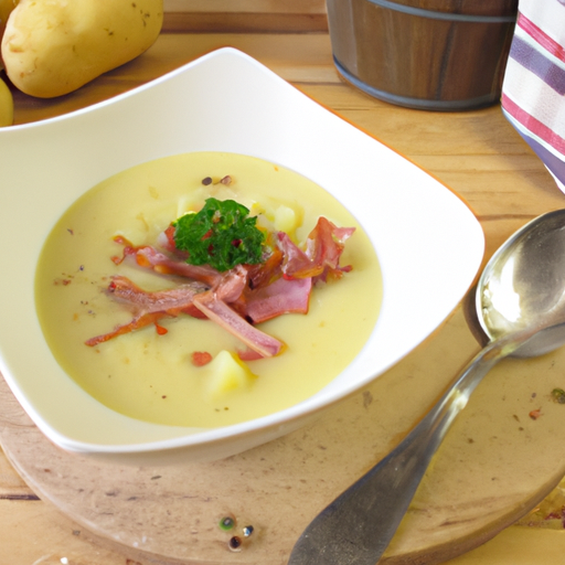 Pastinaken-Kartoffel-Suppe mit knusprigen Speck und frischen Kräutern